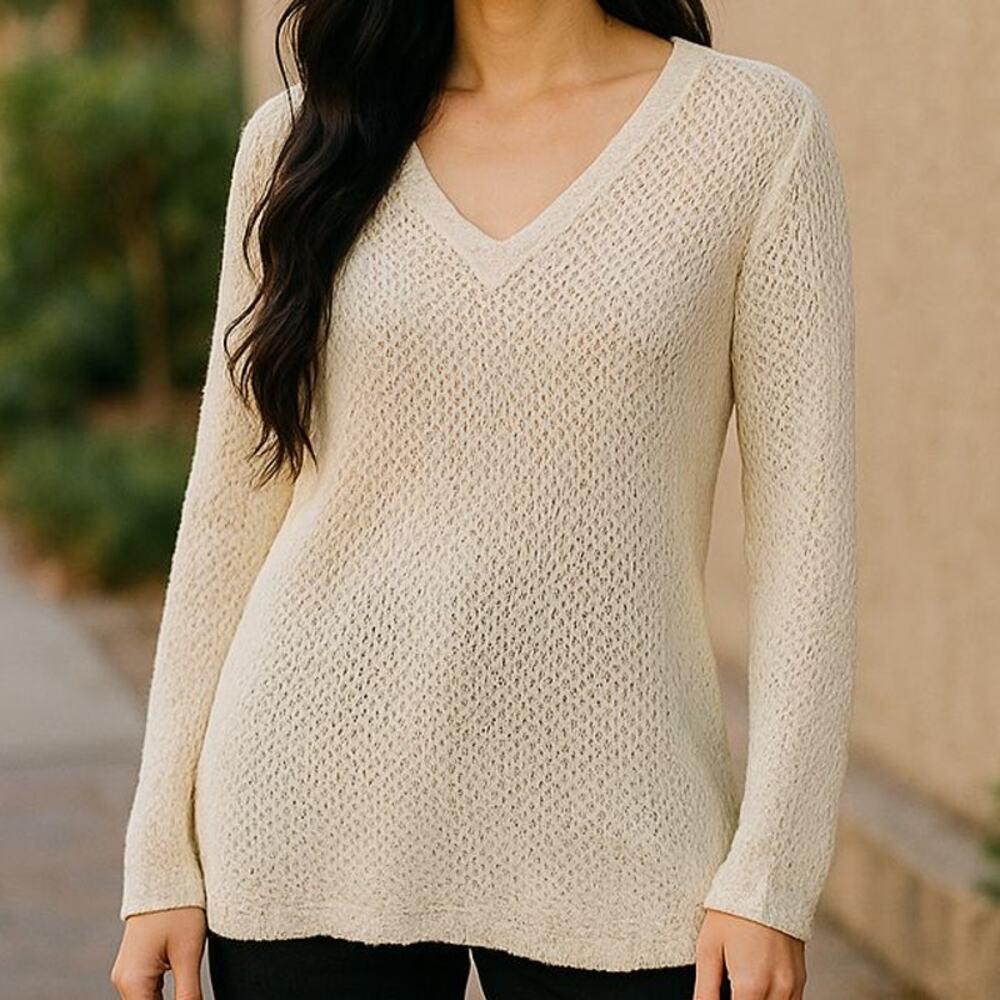 J. Jill Shiny Soft Butter Loose Weave V-Neck Tunic Cotton Blend Sweater Size Lg